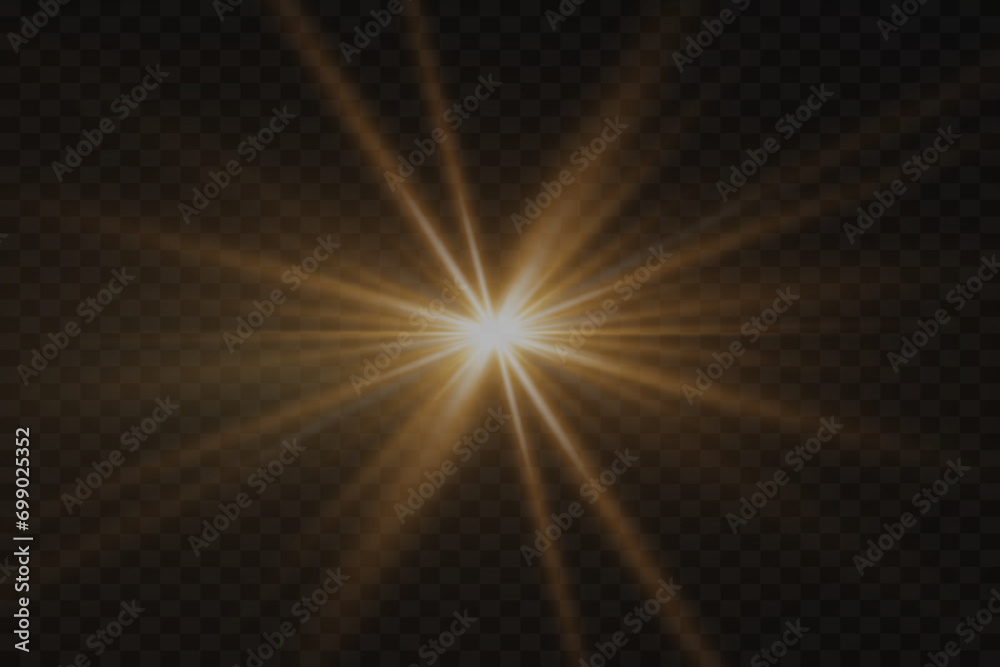 Light explodes on a transparent background. Sparkling glare, magical particles of light. Bright Star. Transparent shining sun, bright flash.