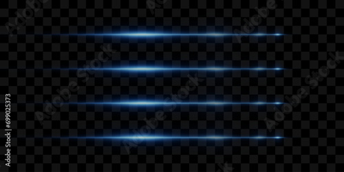 Collection of neon horizontal lines. Light with glare and flash. On a transparent background. photo