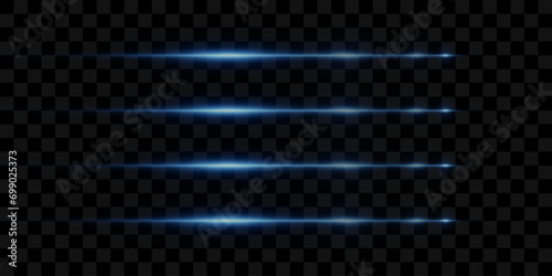 Collection of neon horizontal lines. Light with glare and flash. On a transparent background.