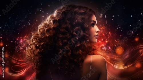 Back view of beauty woman with curly hair over holiday dark background with magic glow