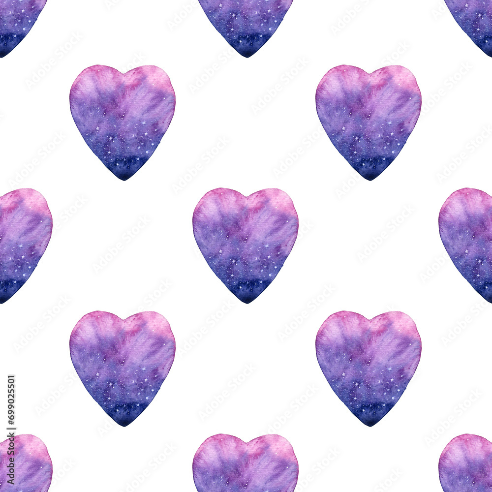 Seamless pattern of Heart shape watercolour illustration. Hand painted cosmic purple hearts on white background. For poster, sketchbook cover, print, fabric, wallpaper, wrapping paper, your design.