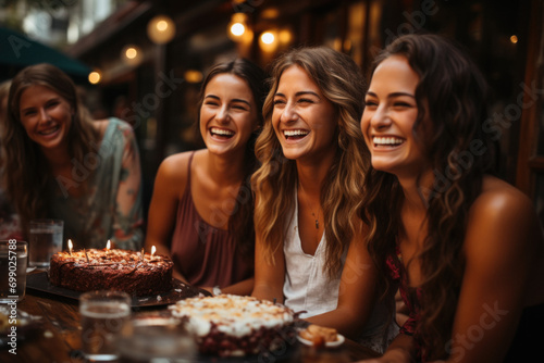 Young women in evening dresses celebrate a birthday in a restaurant  pub.