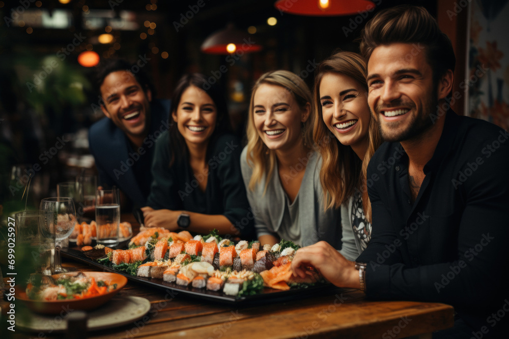 Obraz premium A beautiful company of young people is celebrating in a restaurant and eating sushi