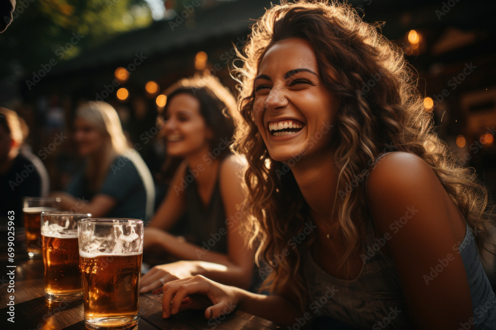 A young beautiful Caucasian woman is sitting in the company of friends in a bar on a weekend