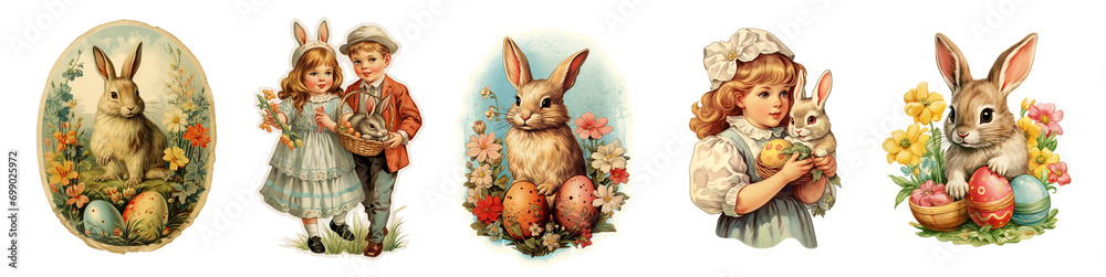 Set of vintage antique style Easter holiday greetings with cute chidren, girl with bunny and and Easter eggs, stickers isolated on transparent background, png file - obrazy, fototapety, plakaty 