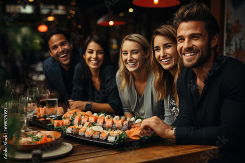 A beautiful company of young people is celebrating in a restaurant and eating sushi photo