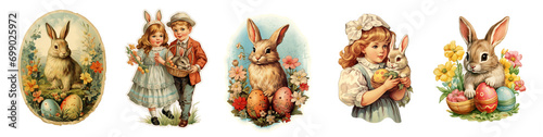 Set of vintage antique style Easter holiday greetings with cute chidren, girl with bunny and and Easter eggs, stickers isolated on transparent background, png file photo