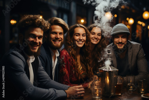 Happy young friends smoking hookah in a pub in the evening
