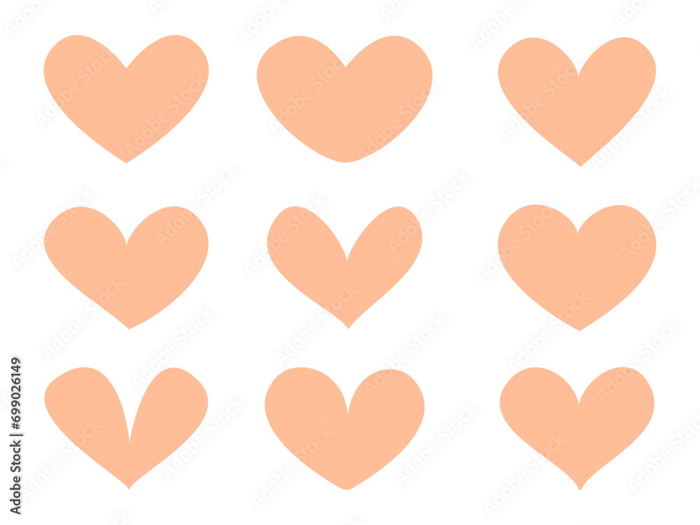 Set of hearts in Pantone color 2024 Peach Fuzz. Suitable for Valentine's Day and Mother's Day decoration.