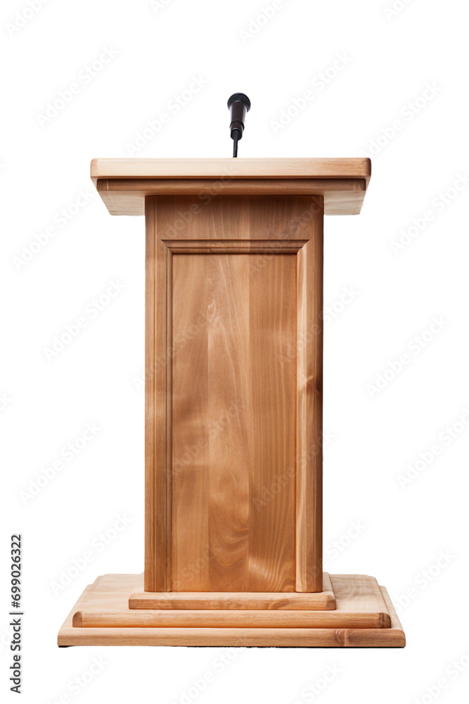 empty wooden podium with a microphone, transparent background, isolated image, generative AI
