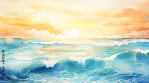 Ocean Blue Waves Watercolor Sunny Beach Seascape
