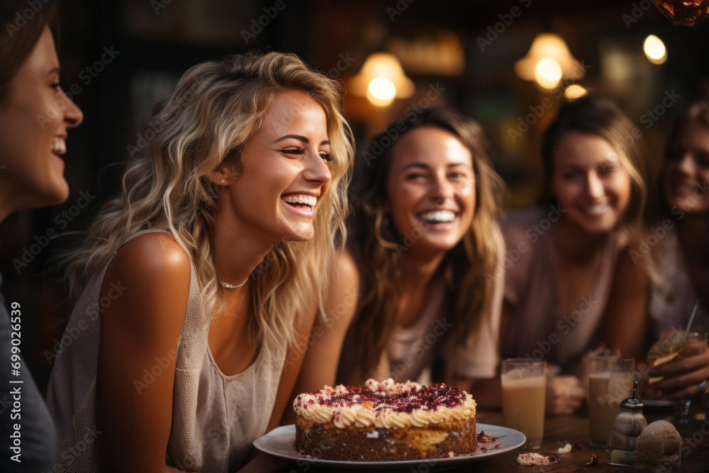 Young women in evening dresses celebrate a birthday in a restaurant, pub.