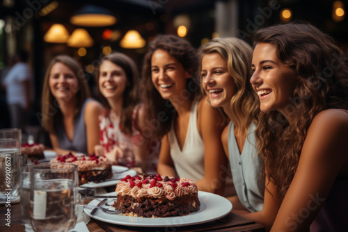 Young women in evening dresses celebrate a birthday in a restaurant  pub.