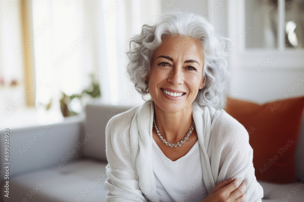 A silver-haired senior woman radiating confidence and contentment indoors. A silver-haired senior woman radiating confidence and contentment indoors.
