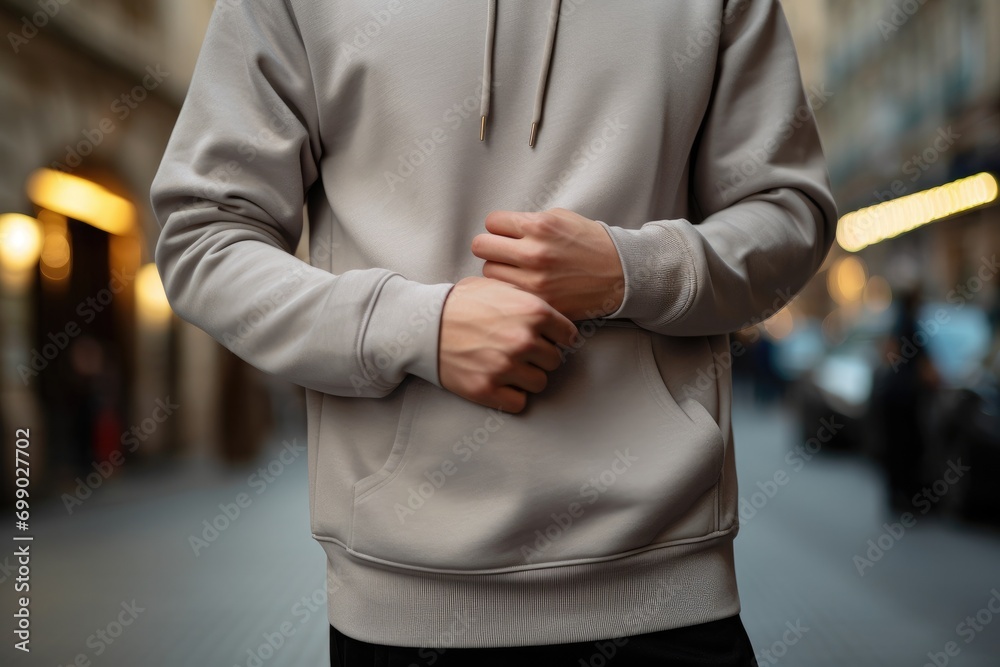 Fototapeta premium Front view of an unidentifiable person standing on a city street wearing a plain hoodie, mockup