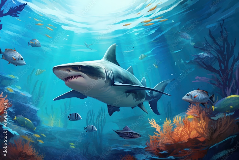 Fototapeta premium Great White Shark swims in the ocean near the reef. undersea world.