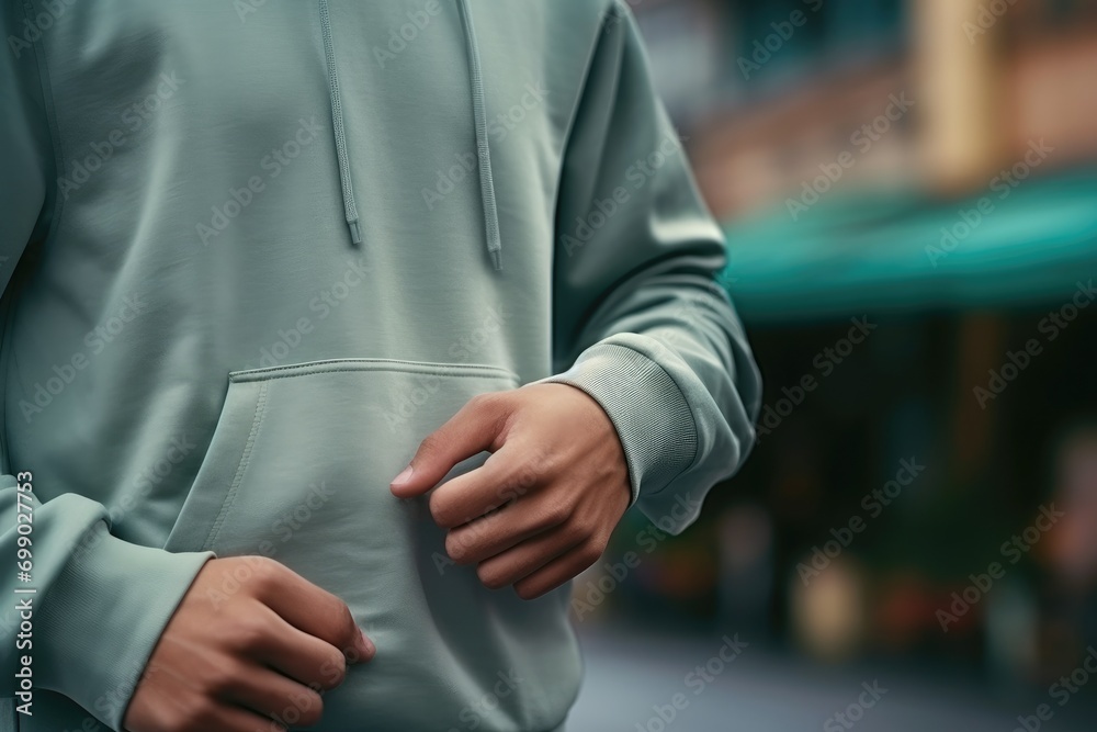 Front view of an unidentifiable person standing on a city street wearing a plain hoodie, mockup Front view of an unidentifiable person standing on a city street wearing a plain hoodie, mockup