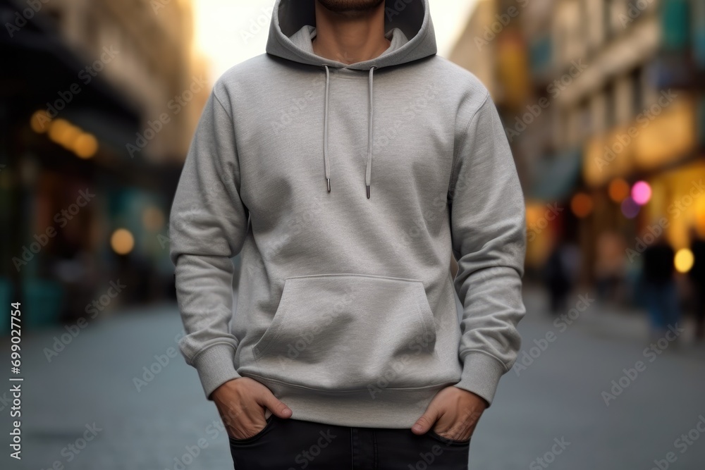 Front view of an unidentifiable person standing on a city street wearing a plain hoodie, mockup Front view of an unidentifiable person standing on a city street wearing a plain hoodie, mockup