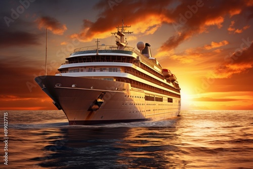 a cruise ship yacht on a tour in the middle of sea at sunset