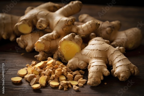 Whole and diced ginger root displayed on a wooden table, showcasing the raw spice's texture and color
