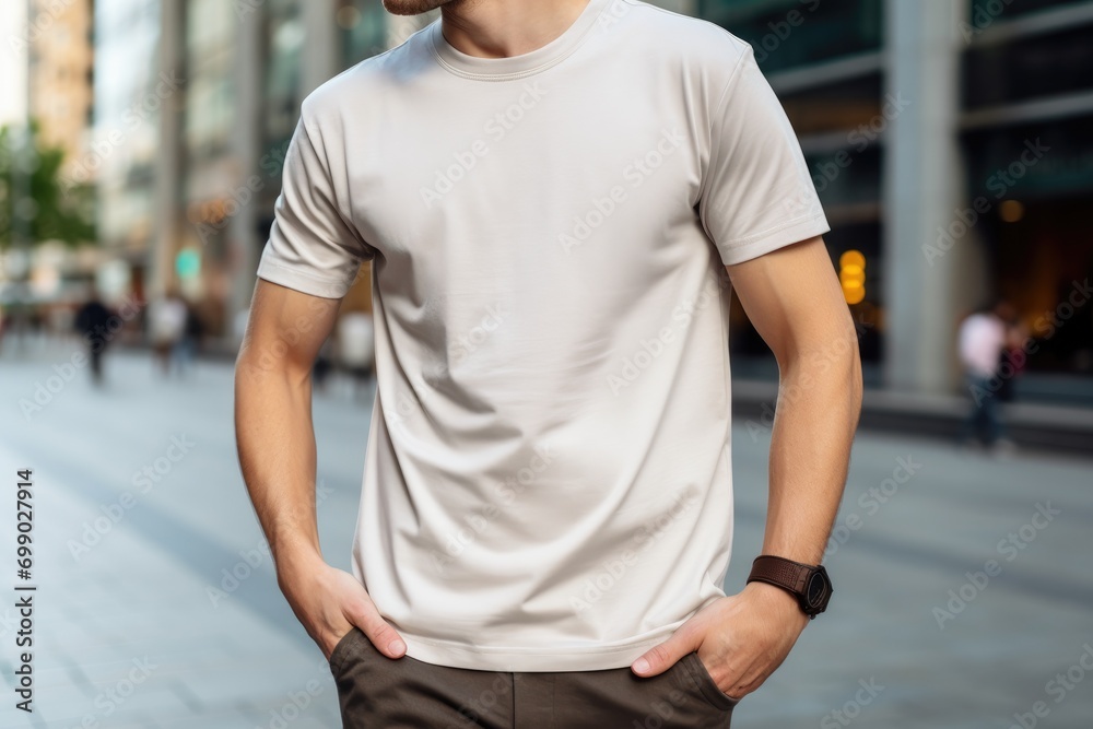 Close-up of a man in a blank t-shirt standing outside with a modern urban background mockup Close-up of a man in a blank t-shirt standing outside with a modern urban background mockup