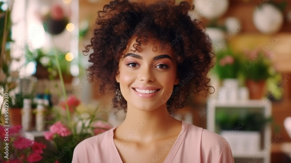 Young woman smiling brightly on blurred background Young woman smiling brightly on blurred background