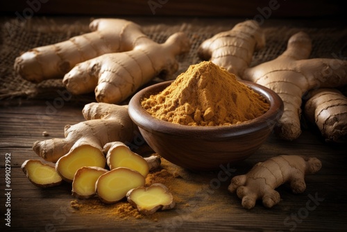 Whole and diced ginger root displayed on a wooden table, showcasing the raw spice's texture and color