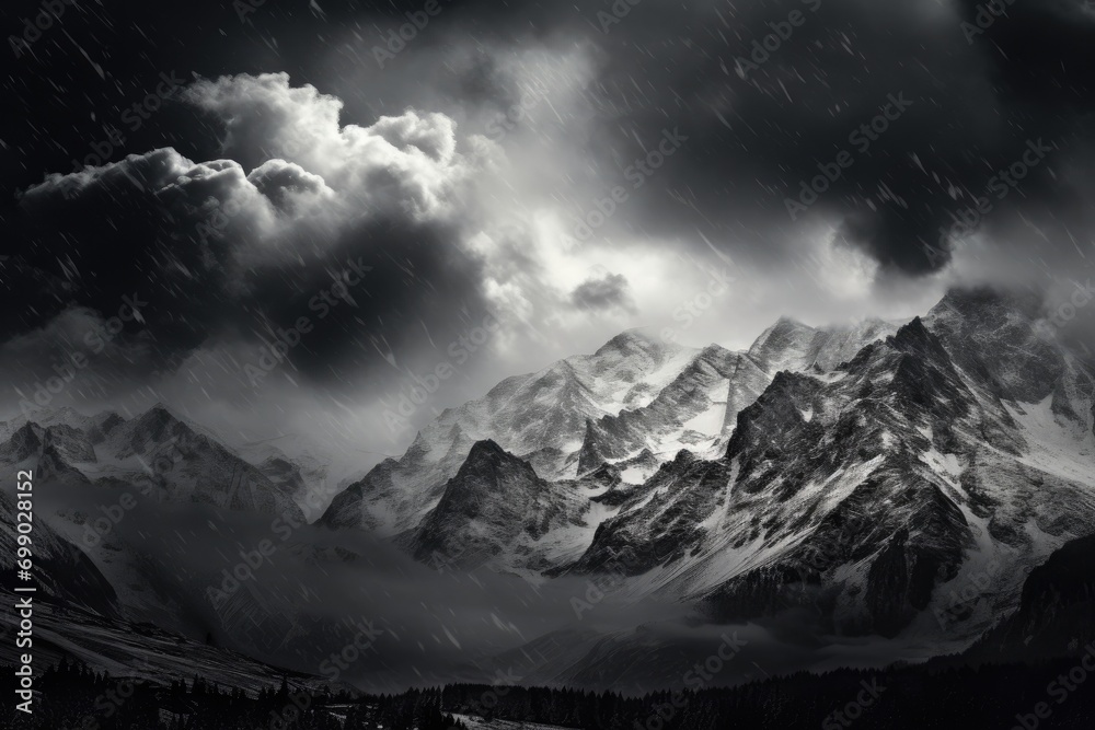Majestic snow-covered mountains under a starlit sky with drifting clouds