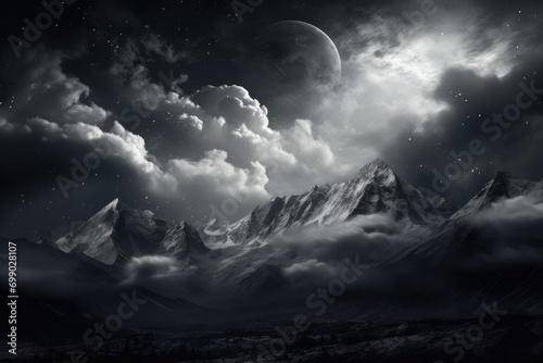 Majestic snow-covered mountains under a starlit sky with drifting clouds