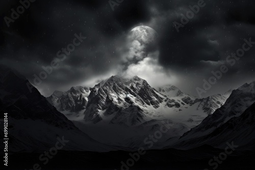 Majestic snow-covered mountains under a starlit sky with drifting clouds