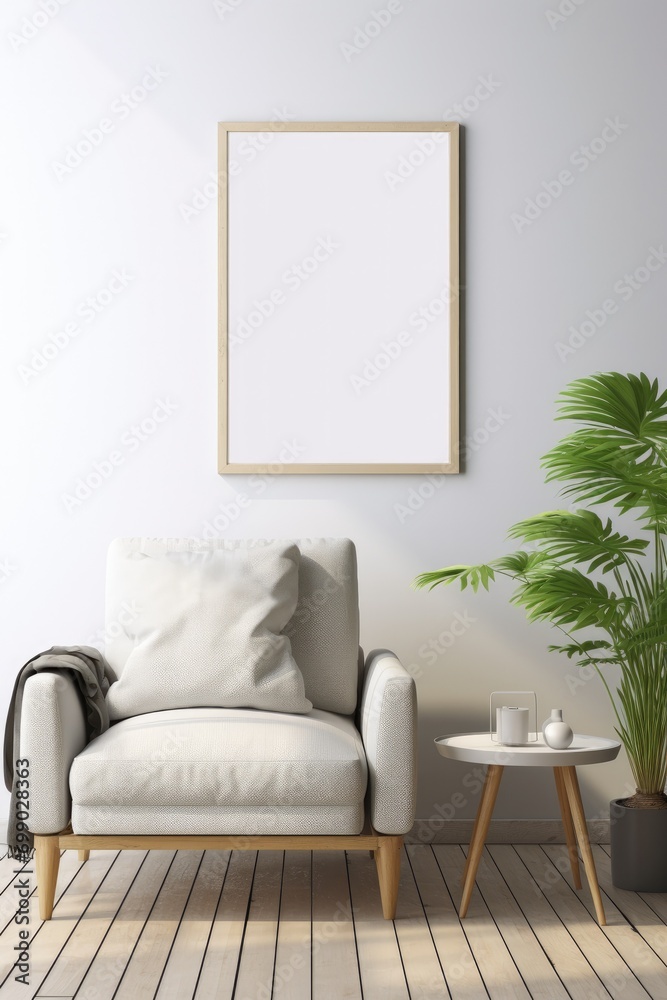 Stylish living room setup with a comfortable couch, potted plant, and a blank frame on a clean wall Mock Up Stylish living room setup with a comfortable couch, potted plant, and a blank frame on a clean wall Mock Up