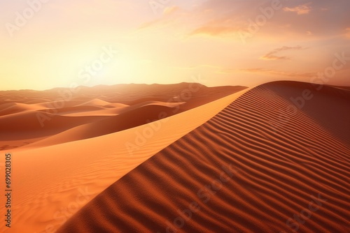 Vast desert landscape bathed in the golden light of sunset, with rolling sand dunes creating a tranquil and majestic scene