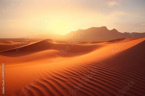 Vast desert landscape bathed in the golden light of sunset, with rolling sand dunes creating a tranquil and majestic scene © ChaoticMind
