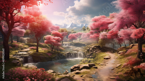Springtime Bliss: Vibrant Cherry Blossom Trails & Cascading Waterfalls