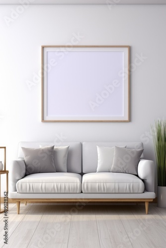 Stylish living room setup with a comfortable couch, potted plant, and a blank frame on a clean wall Mock Up © ChaoticMind