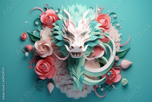 Paper dragon with flowers isolated on light blue background. Paper craft, paper quilling. The year of the Dragon in China and Eastern Asia. One of the Chinese zodiac signs. New Year of the Dragon 2024 photo