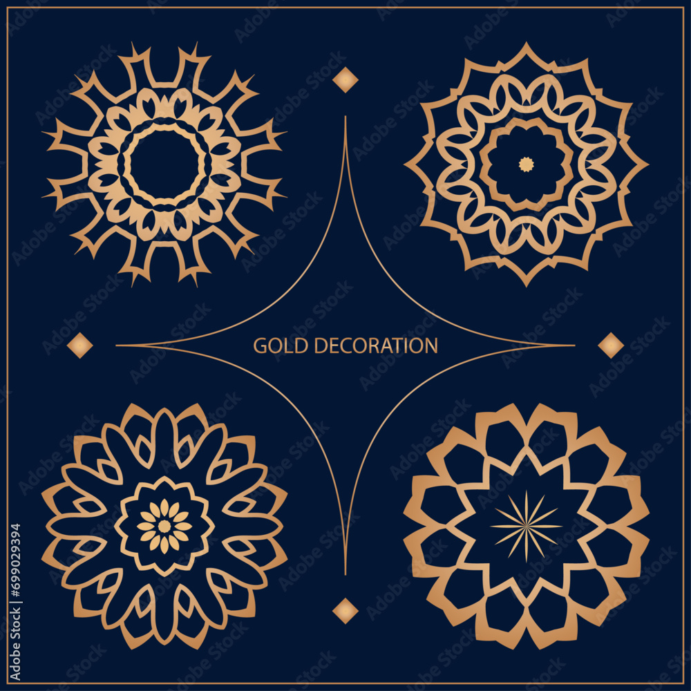 Set 4 of Vector ornamental circle pattern. Mandala. Round gold pattern can be used for motifs, fabrics, gift wrapping, templates, plate, tile. Vector.