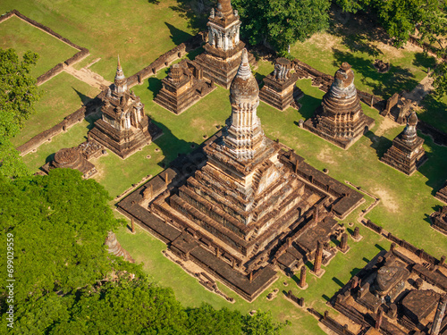 Wat Chedi Chet Thaeo in Si Satchanalai Historical Park. Aerial view. photo