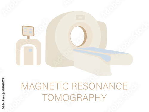 Computed tomography scan. CT scan. Medical diagnostic equipment. Magnetic resonance imaging. Banner for the diagnostic center. Radiation therapy department. Vector illustration. 