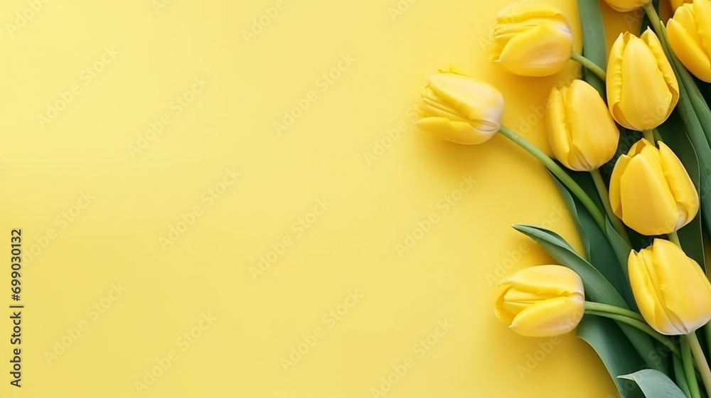 yellow tulips on a color background, top view, spring bouquet yellow tulips on a color background, top view, spring bouquet