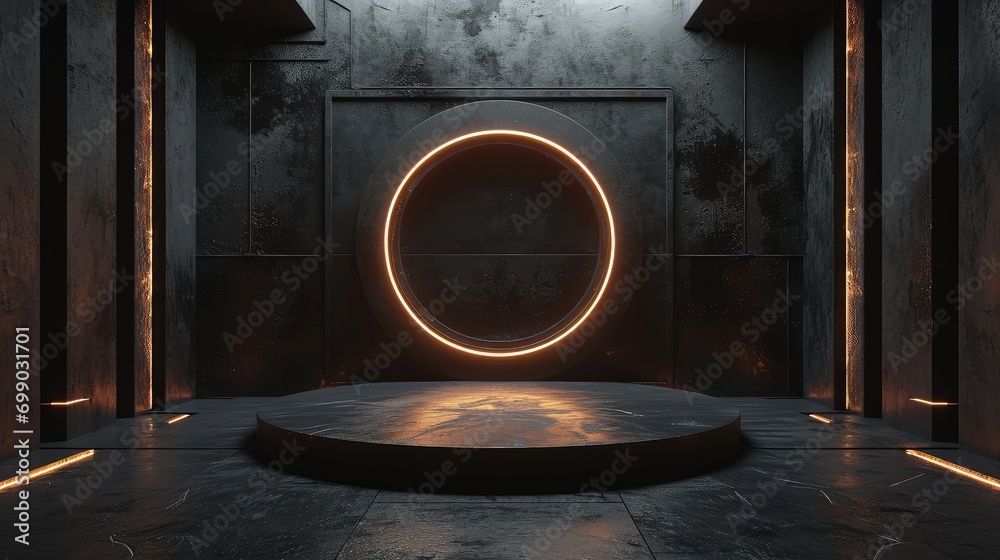 3d render interior minimalism with round podium placed in front of a black wall surround cyberpunk neon wall studio.