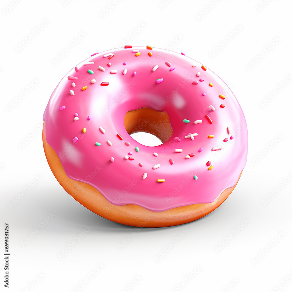 Pink donut with sprinkles isolated on white background. 3d render Pink donut with sprinkles isolated on white background. 3d render