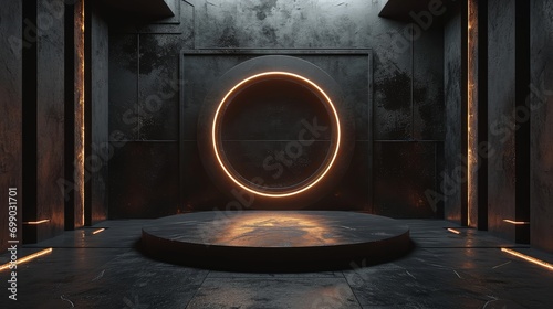 3d render interior minimalism with round podium placed in front of a black wall surround cyberpunk neon wall studio.