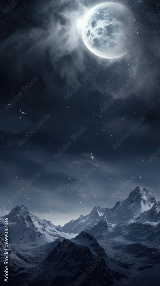 Majestic snow-covered mountains under a starlit sky with drifting clouds. Majestic snow-covered mountains under a starlit sky with drifting clouds.