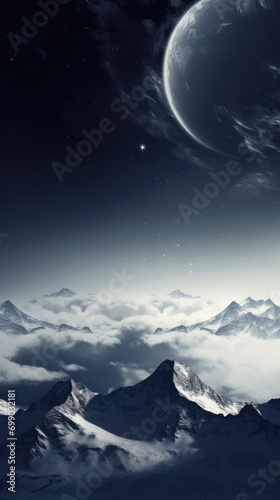 Majestic snow-covered mountains under a starlit sky with drifting clouds.