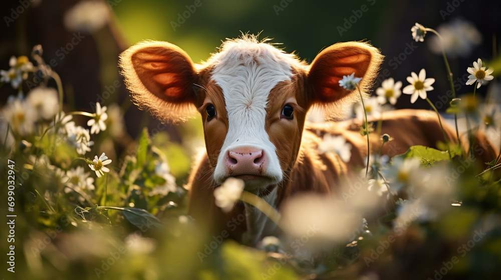 Cows in field, one cow looking at the camera during sunset in the evening Cows in field, one cow looking at the camera during sunset in the evening