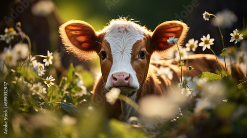 Cows in field, one cow looking at the camera during sunset in the evening