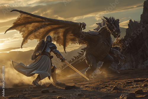 Generative AI, Brave Medieval Knight Battles Fearsome Dragon in Dramatic Golden Hour Showdown 