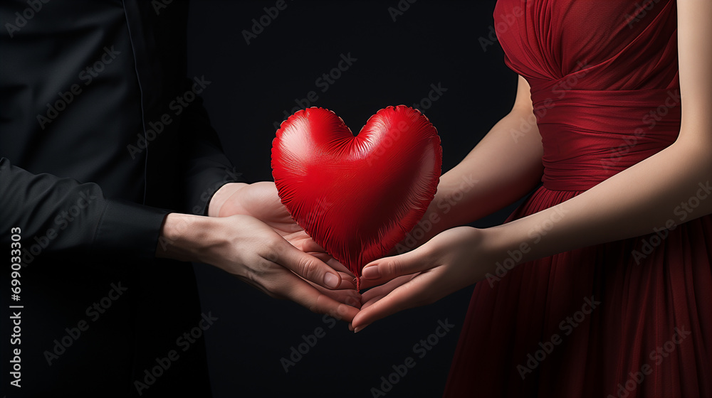 man and woman in love holding a red heart in their hands man and woman in love holding a red heart in their hands