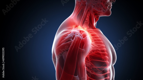 3D rendered Medical Illustration of Male Anatomy Inflamed Shoulder Joint. #699033395